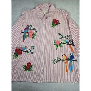 Bechamel Womens XL Button Up Shirt Red Stripe Parrot Embroidered Tropical Cotton